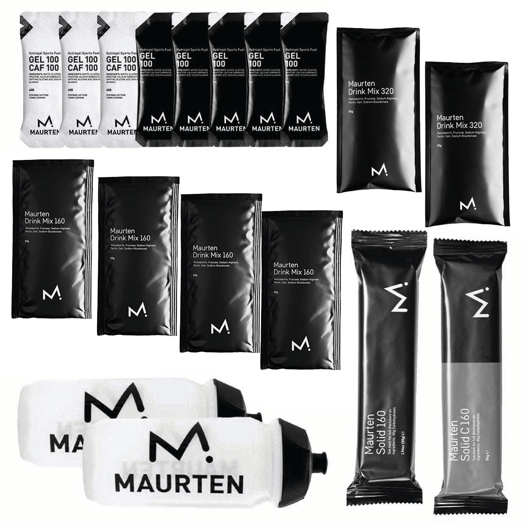 Maurten Triathlon Pack with caffeine, includes sports gels and drinks for endurance athletes, branded Maurten for triathlon nutrition