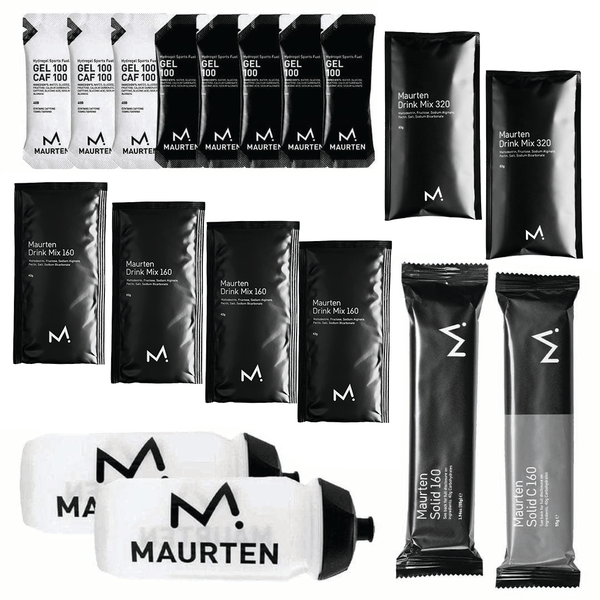 Maurten Triathlon Pack with caffeine, includes sports gels and drinks for endurance athletes, branded Maurten for triathlon nutrition