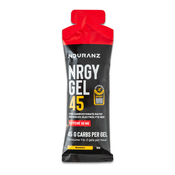 Nduranz Energy Gel 45g with Caffeine Cherry single-serve packet front view