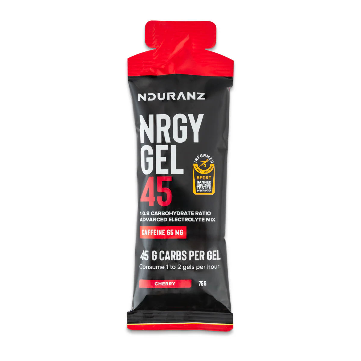 Nduranz Energy Gel 45g with Caffeine Cherry packet and cap view