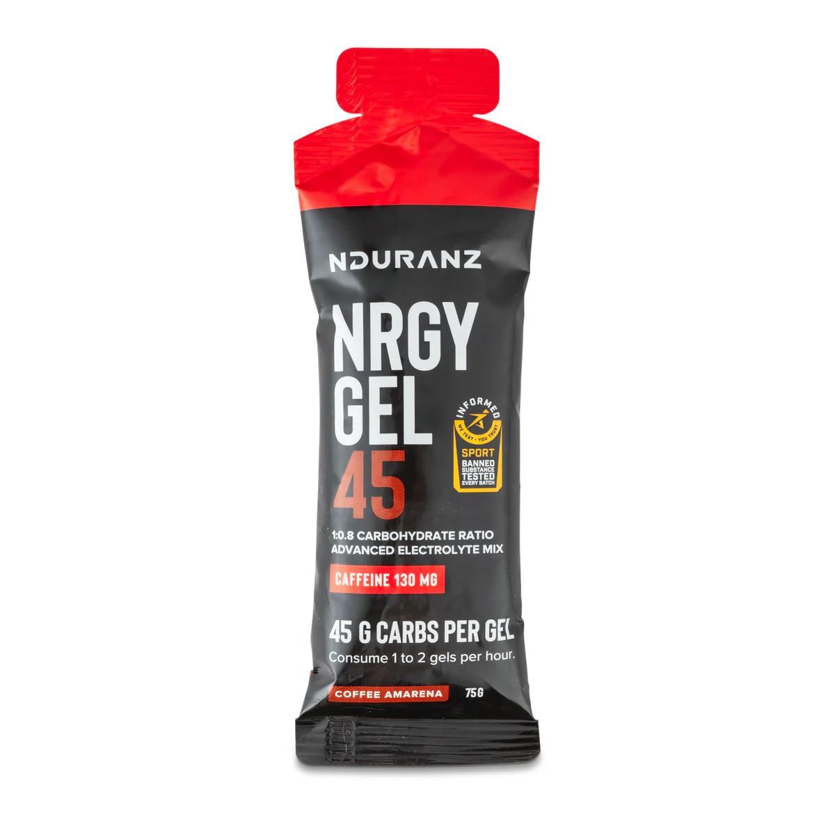 Nduranz Energy Gel 45g with Caffeine Cherry packet label detail