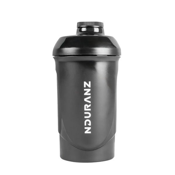 Nduranz 600 ml shaker bottle with a transparent body and black lid for mixing protein shakes or smoothies.