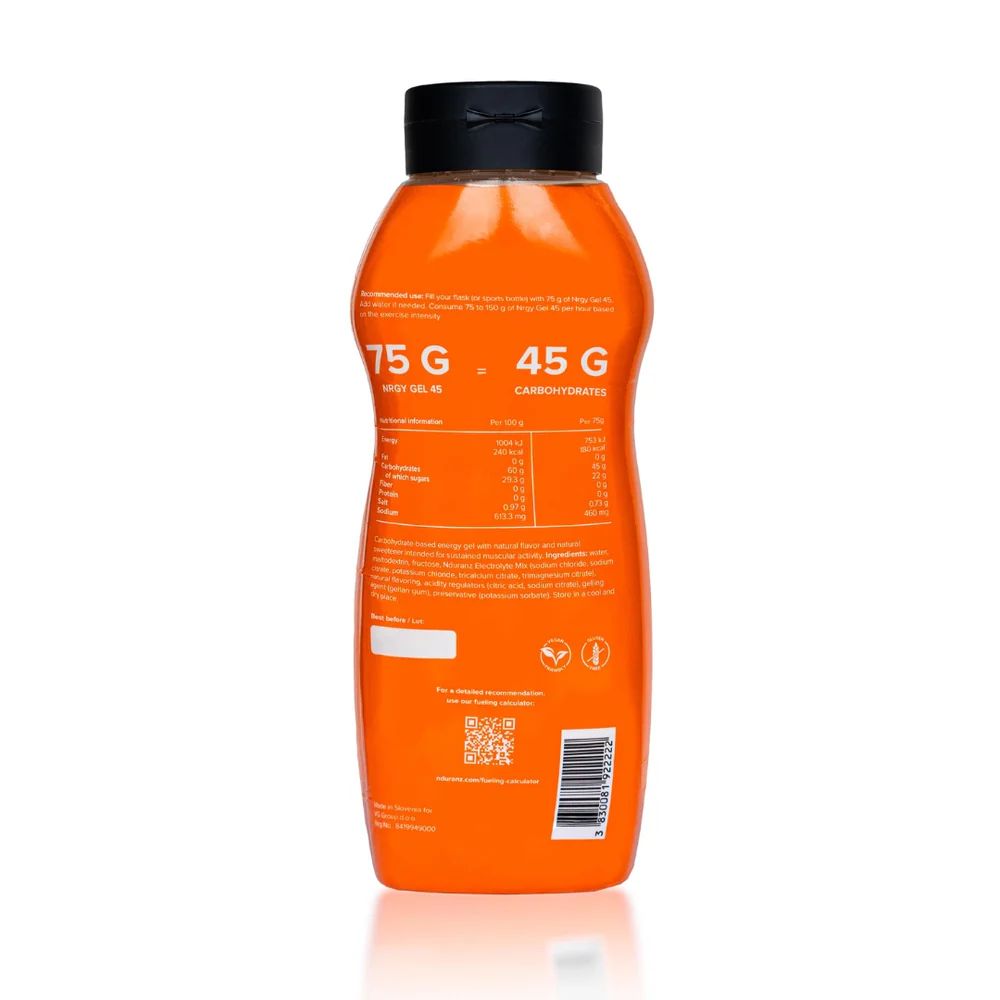 Nduranz Energy Gel 45 refill bottle, sports nutrition supplement in a convenient plastic container with a screw cap for athletes