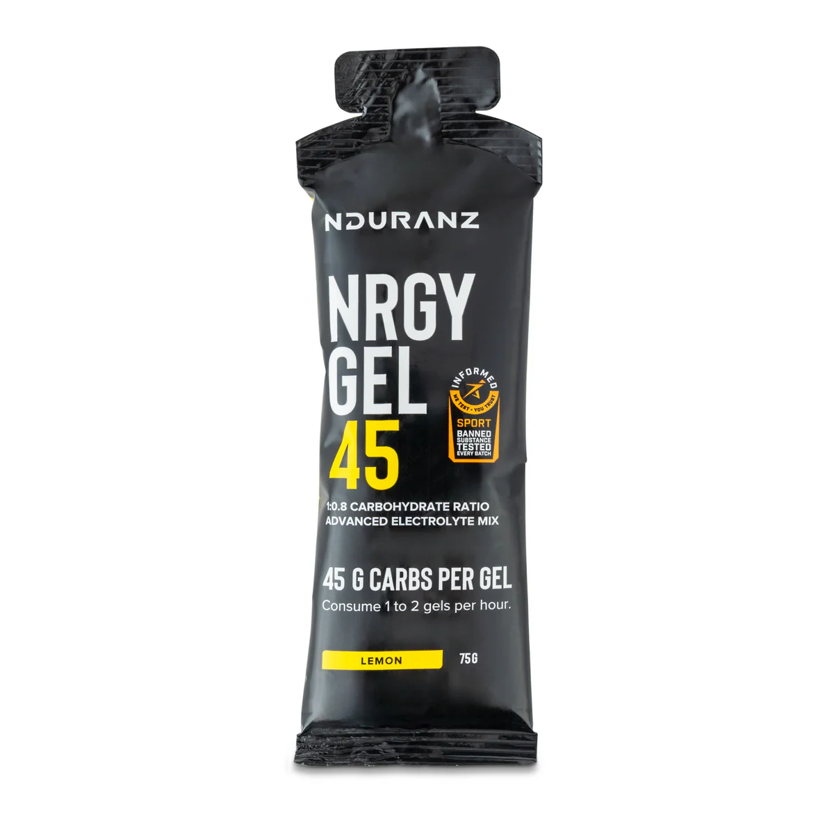 Nduranz Energy Gel 45g Lemon single-serve packet front view