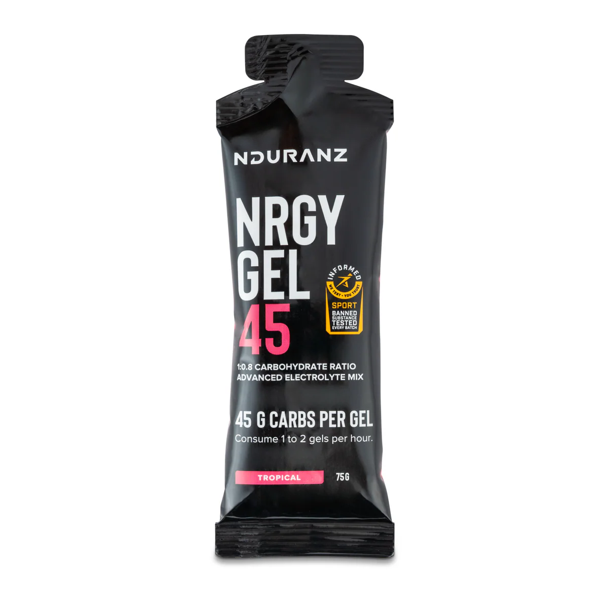 Nduranz Energy Gel 45g Lemon single-serve packet angle view