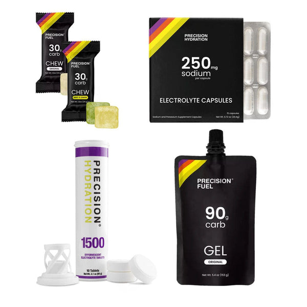 Precision Fuel & Hydration Cramper Pack with electrolyte capsules, PH 1500 tablets, PF 90 gel, and PF 30 chews