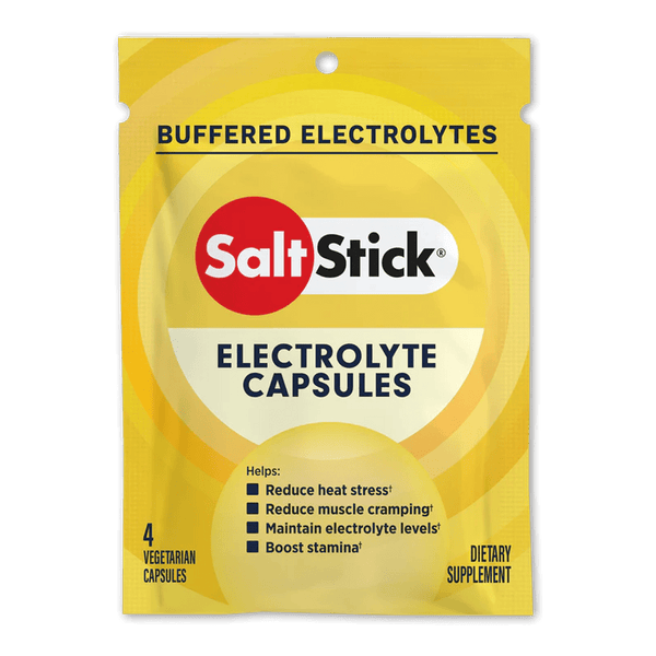 SaltStick Caps packet with four electrolyte supplement capsules from SaltStick, designed for hydration and electrolyte balance.