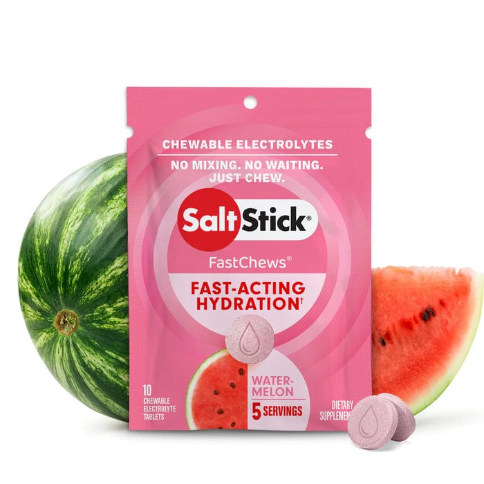 SaltStick FastChews orange and white chewable electrolyte tablets with branding visible.