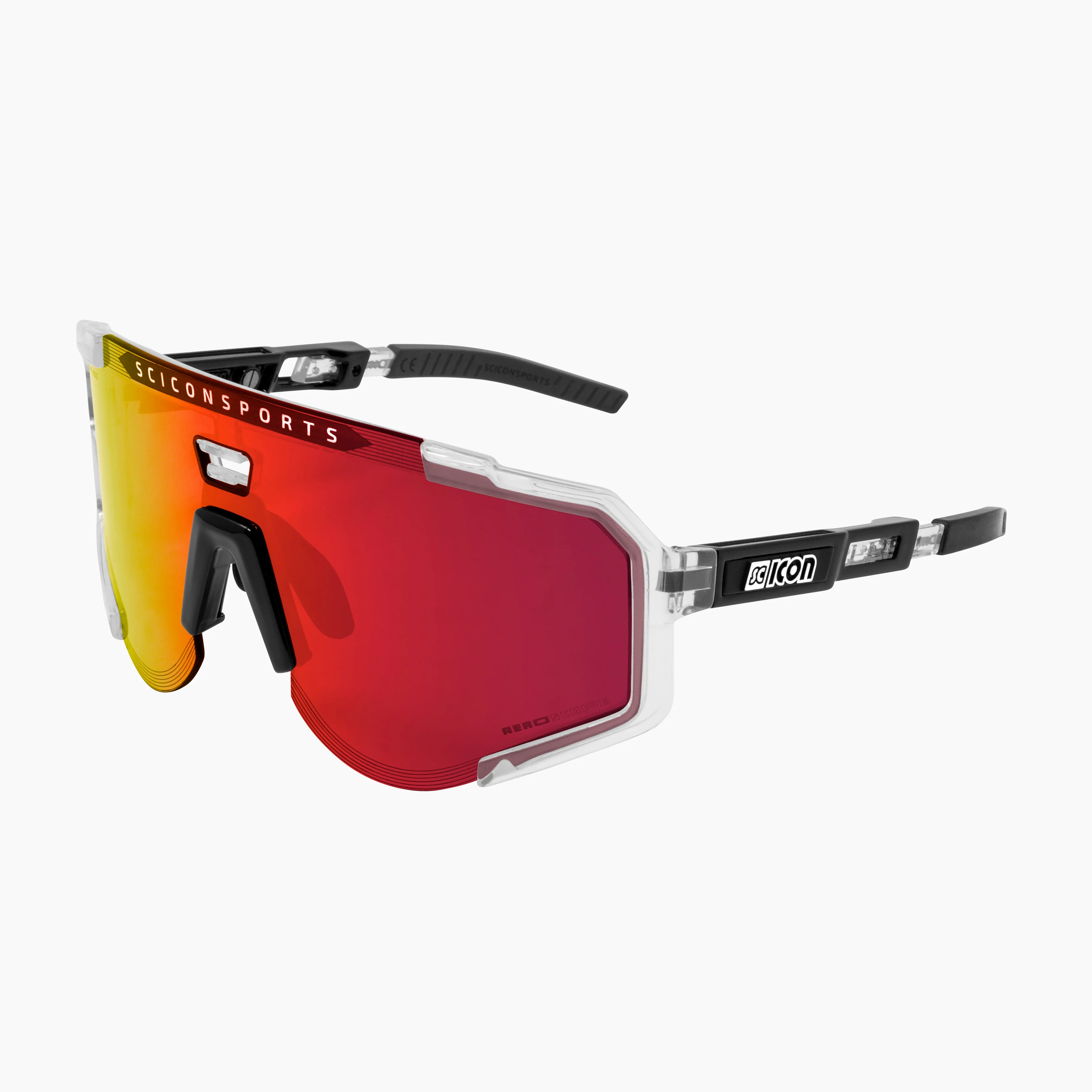 Scicon Aeroscope high-performance sport sunglasses with black gloss finish and red multi-mirror lenses, designed for active wear.
