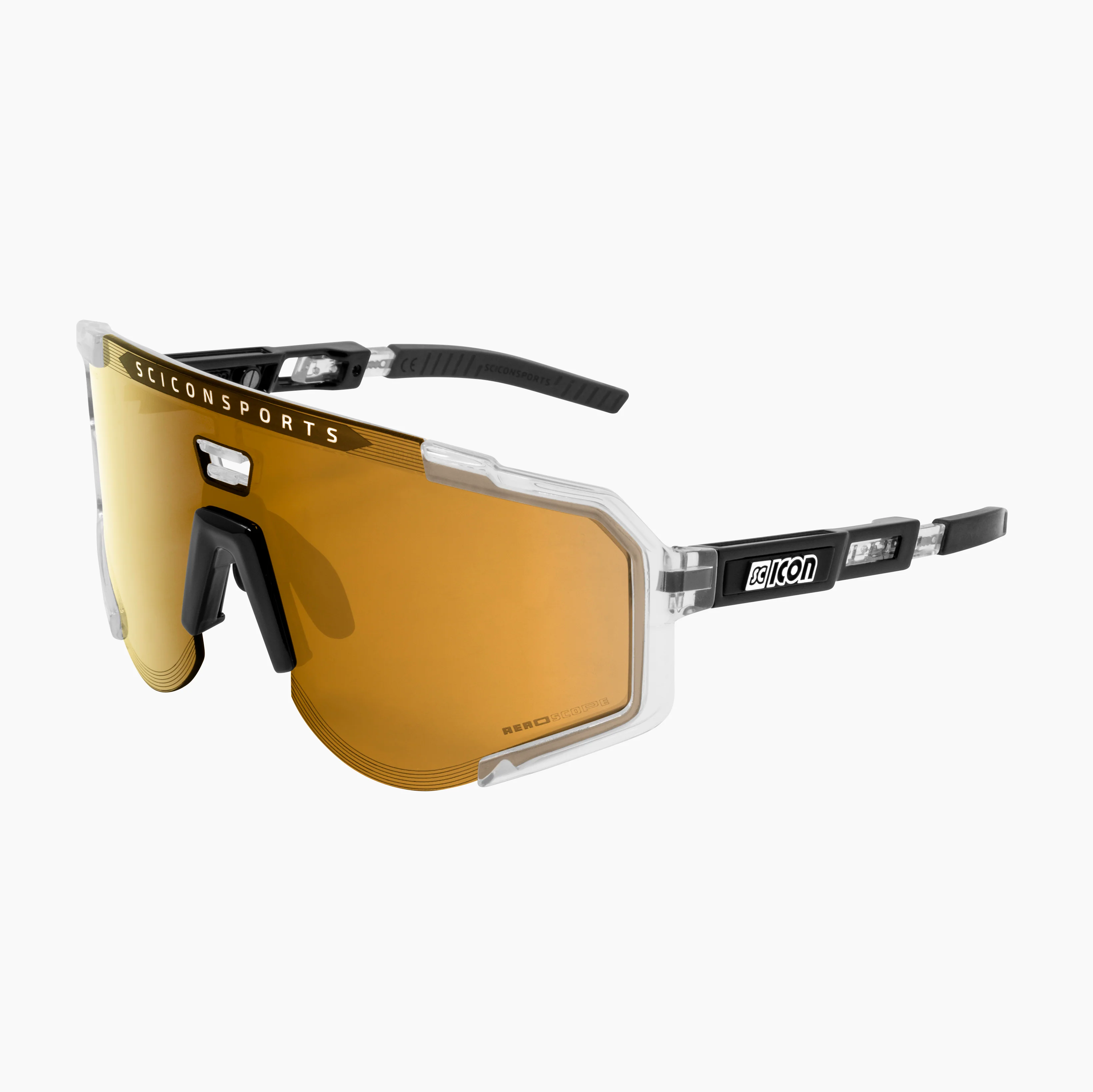 Scicon Aeroscope high-performance sport sunglasses with black gloss frame and red mirrored lenses, designed for active outdoor use.