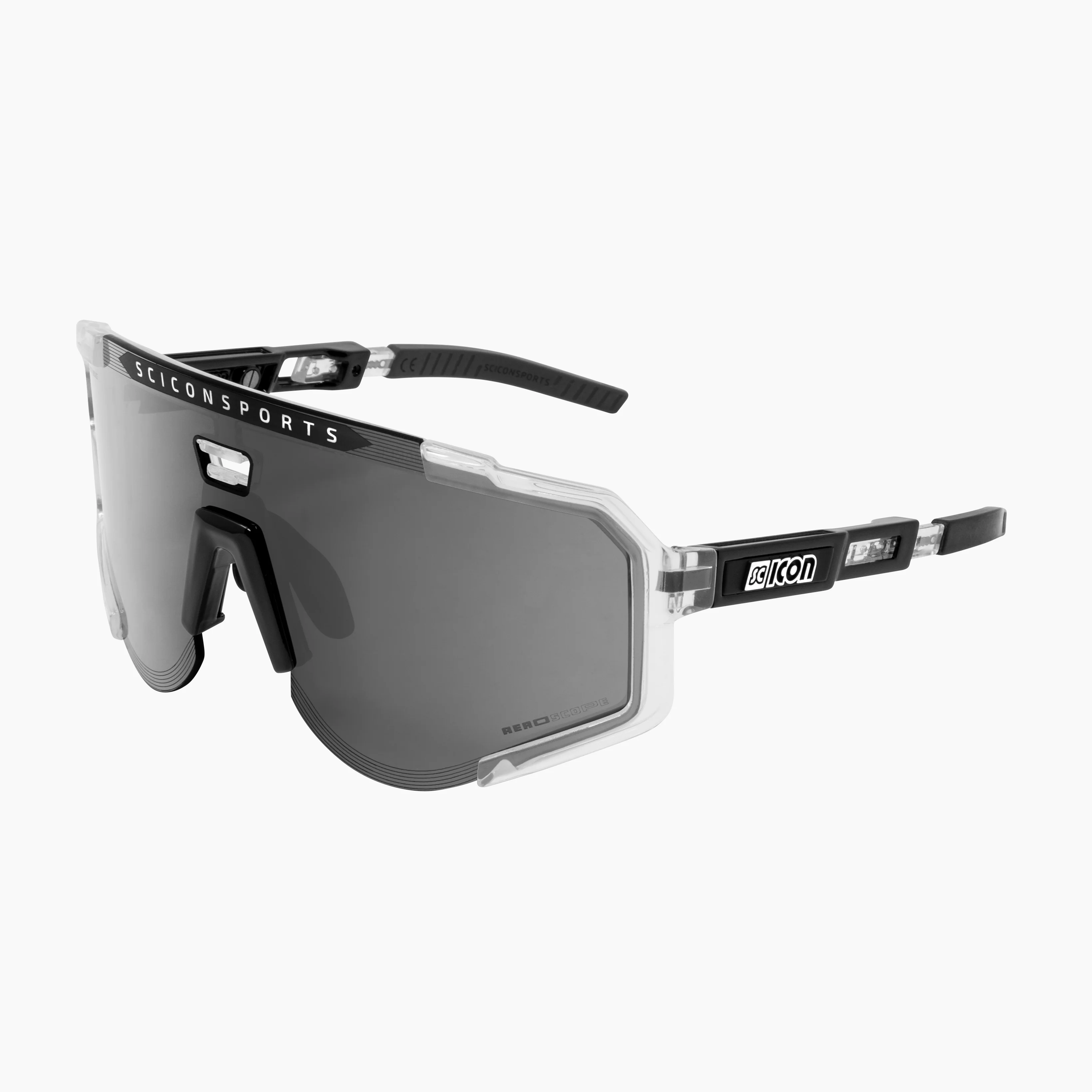 Scicon Aeroscope high-performance sport sunglasses with black gloss frame and red multimirror lenses, designed for active wear.