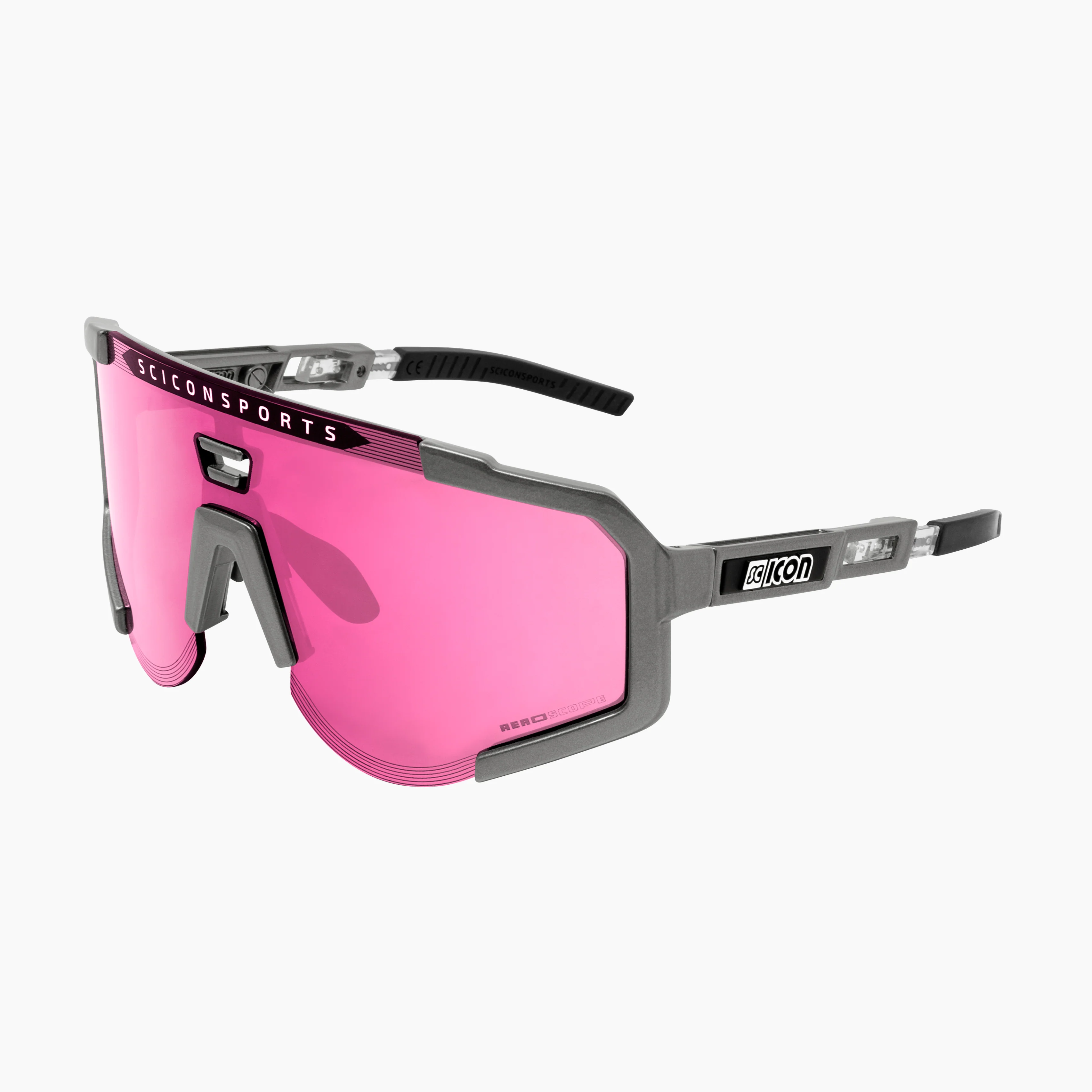 Scicon Aeroscope high-performance sport sunglasses with black gloss frame and red mirroring lenses, designed for active outdoor use.