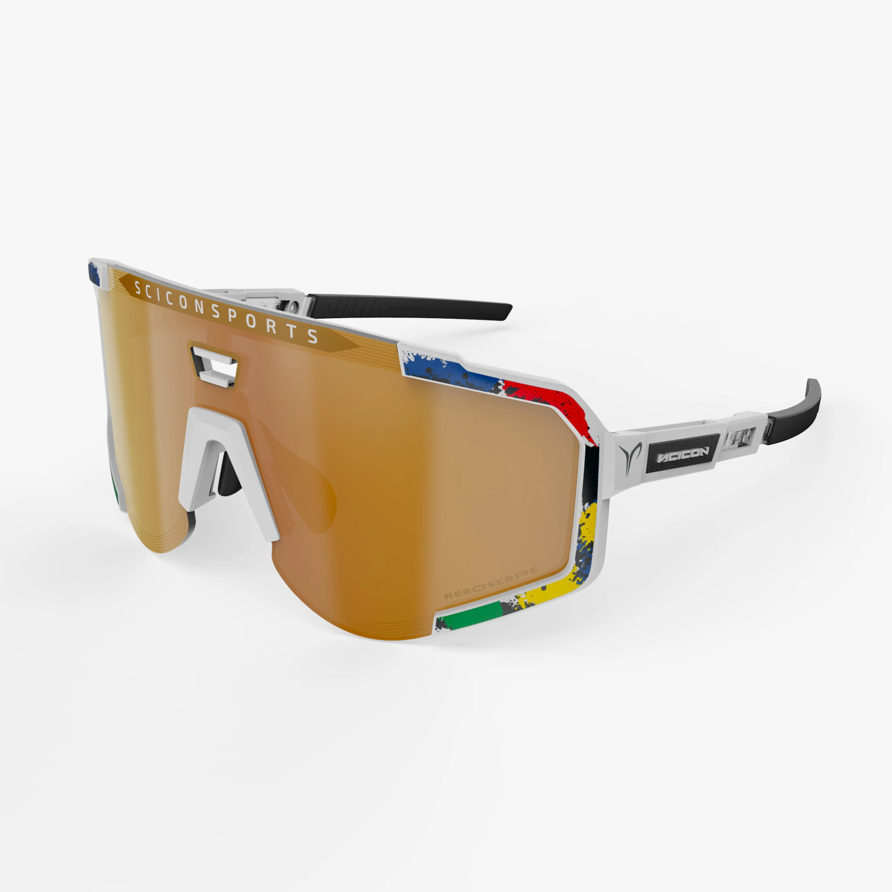 Scicon Aeroscope high-performance sport sunglasses with black gloss finish and red mirror lenses, designed for active outdoor use.