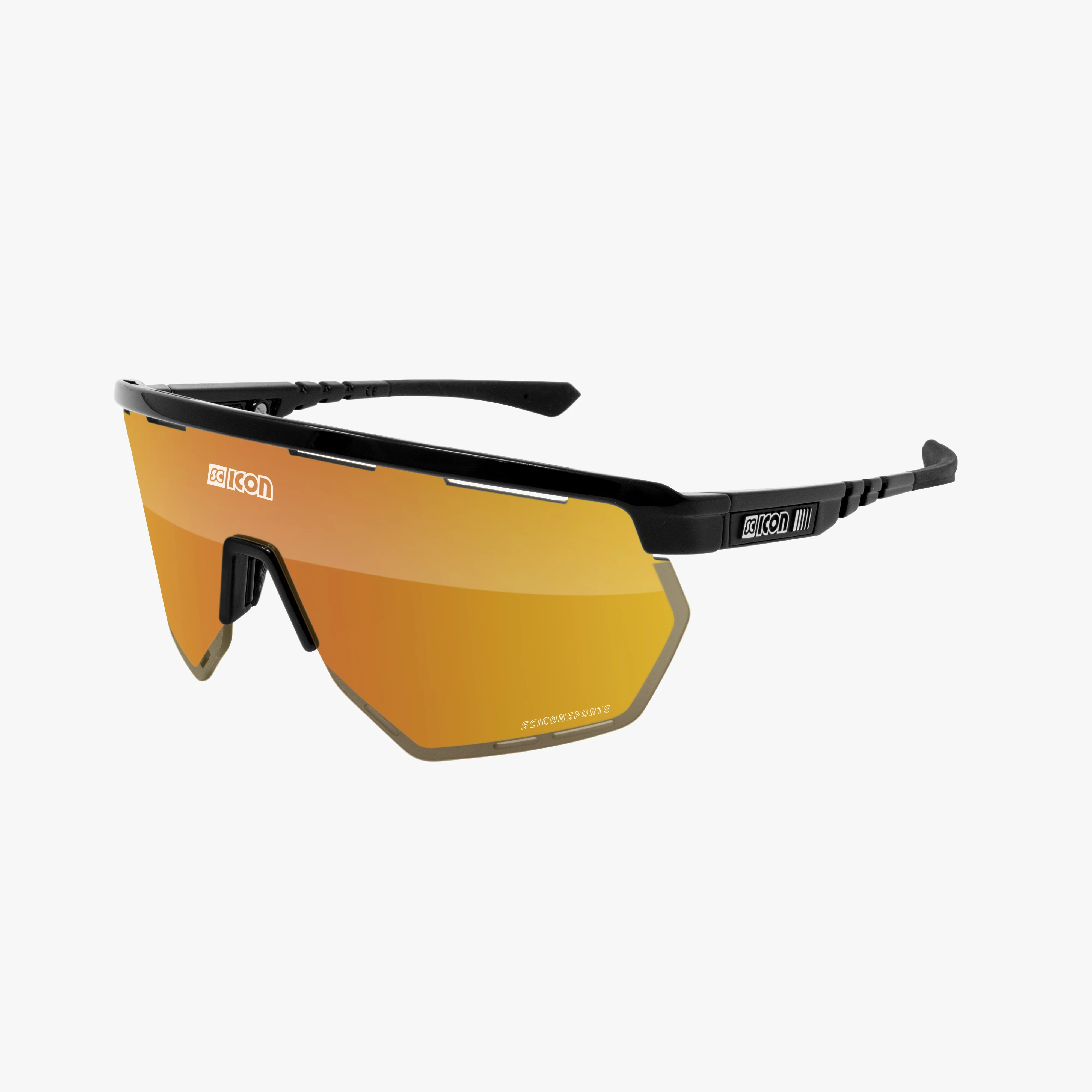 Black gloss Scicon Aerowing high-performance sport sunglasses with red mirror lenses and sleek frame design.