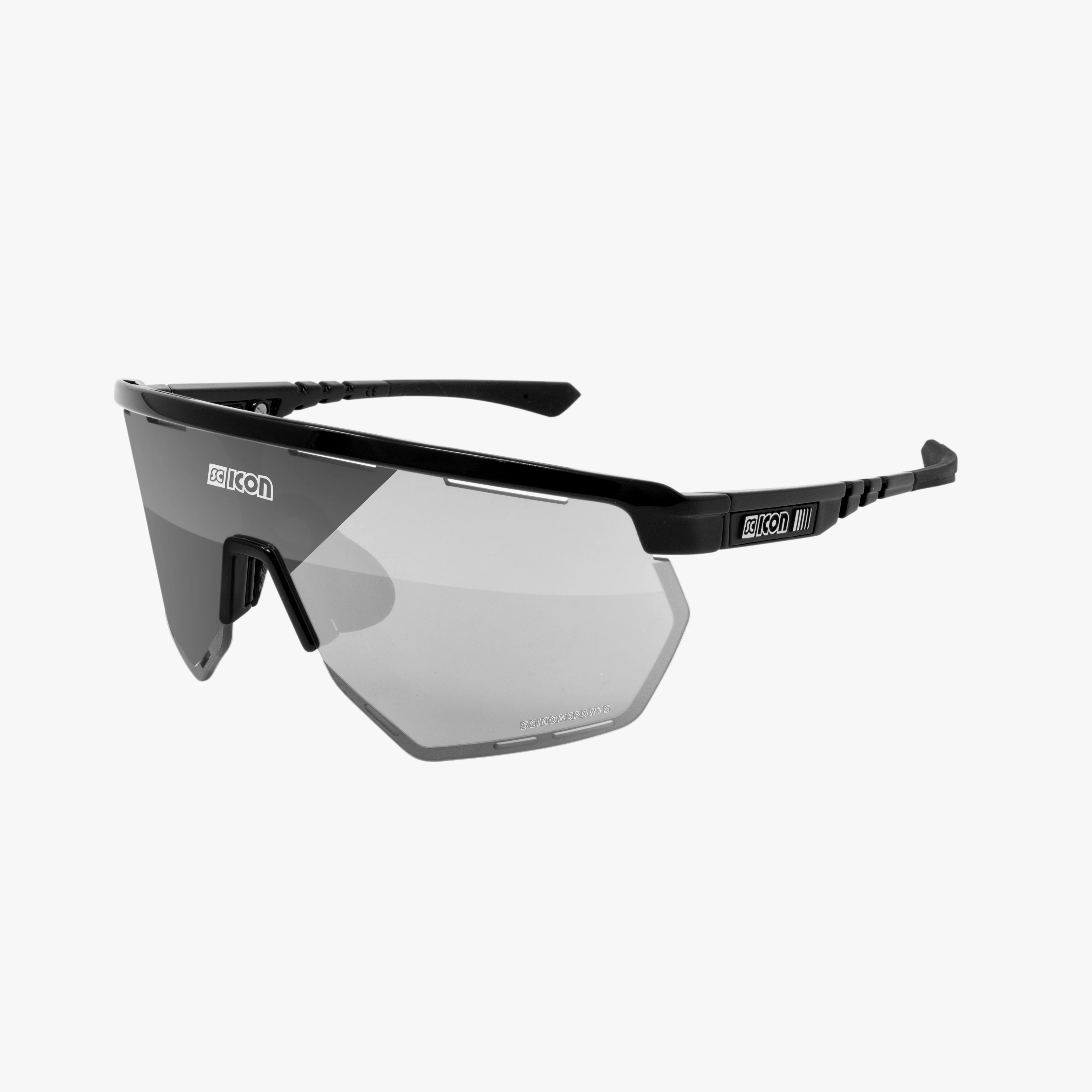 Scicon Aerowing high-performance sport sunglasses with black gloss frame and red mirrored lenses, designed for active outdoor use.
