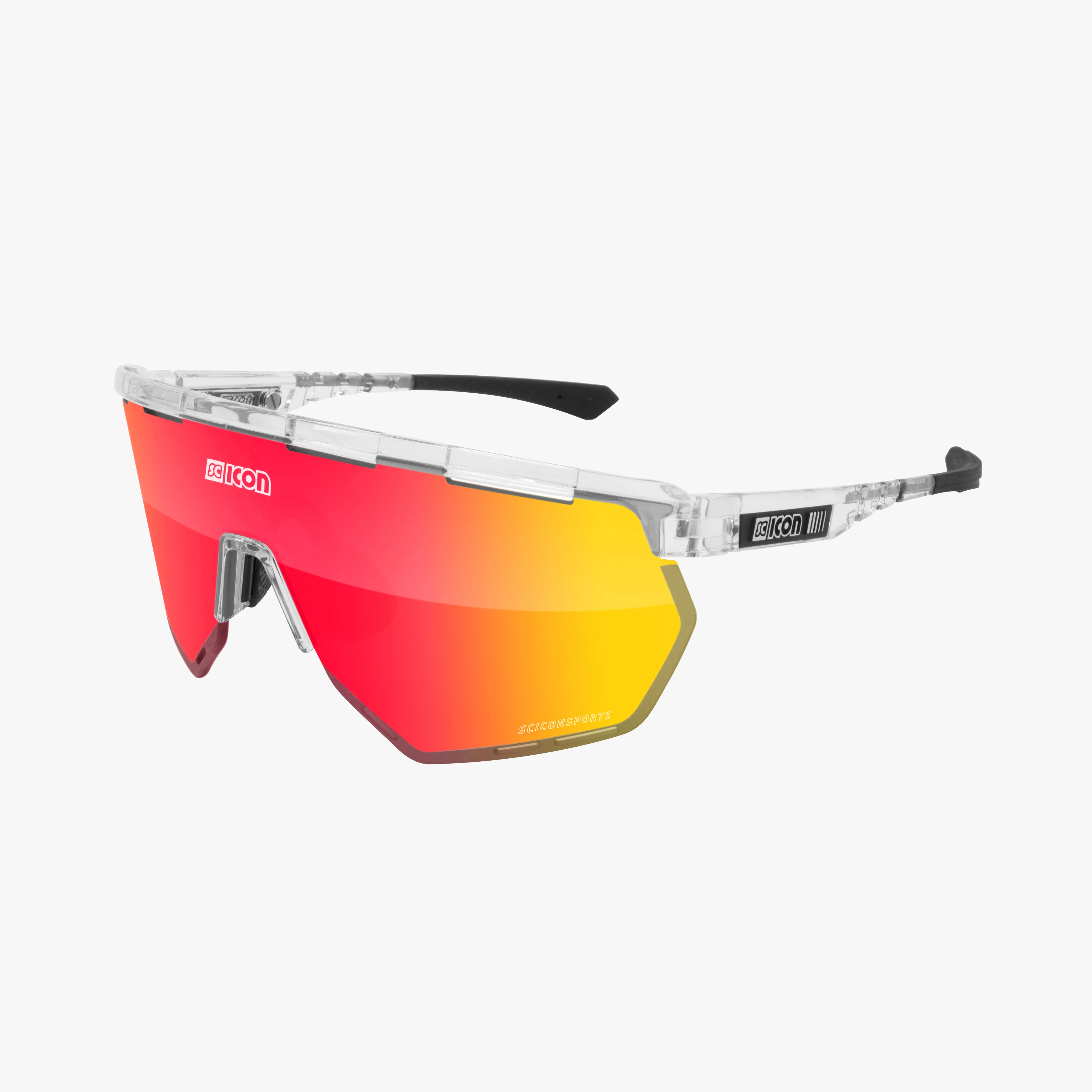 Scicon Aerowing high-performance sport sunglasses with black gloss frame and red mirror lenses for active outdoor use.