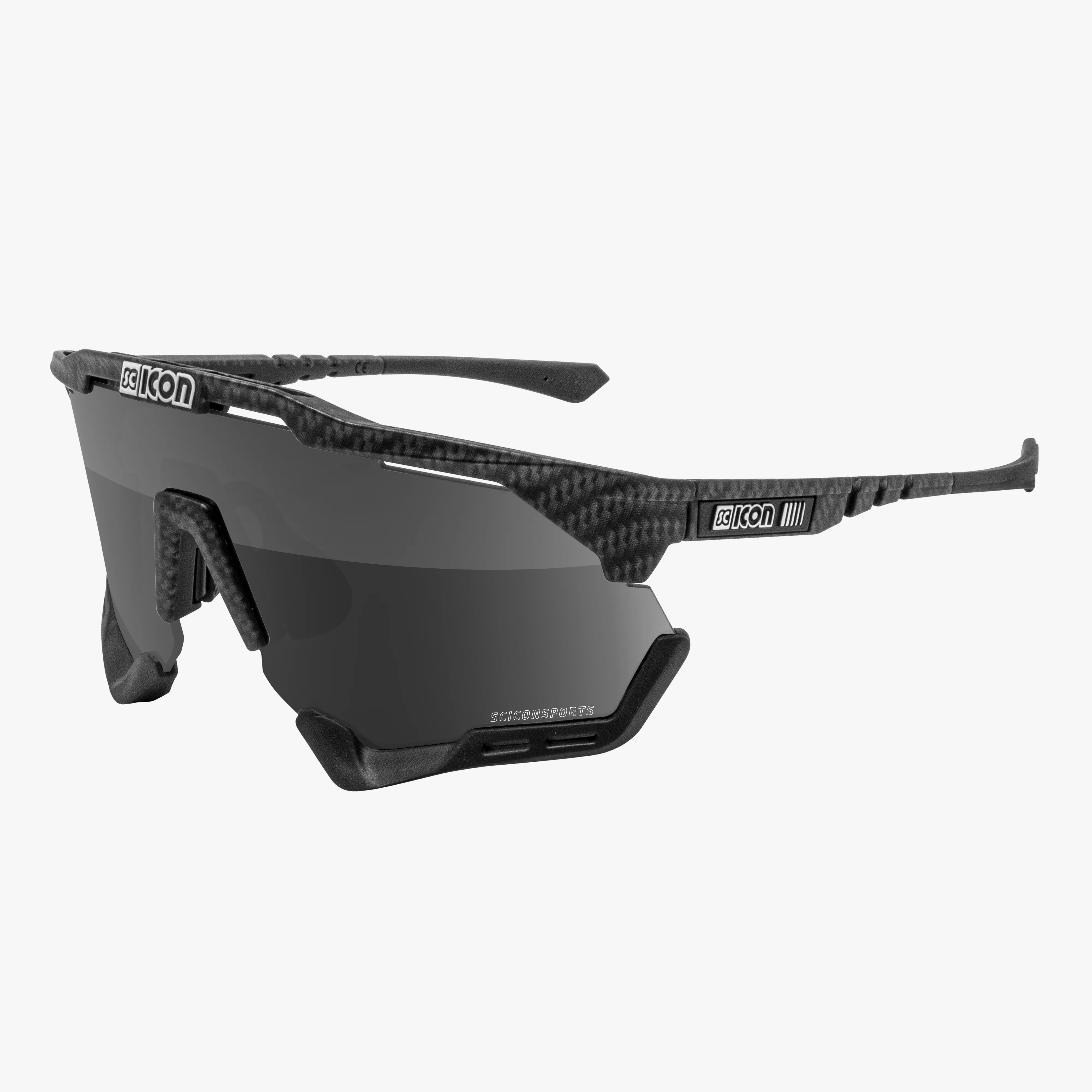 Scicon AeroShade XL high-performance sport sunglasses with matte carbon frame and red mirrored lenses, designed for active use.