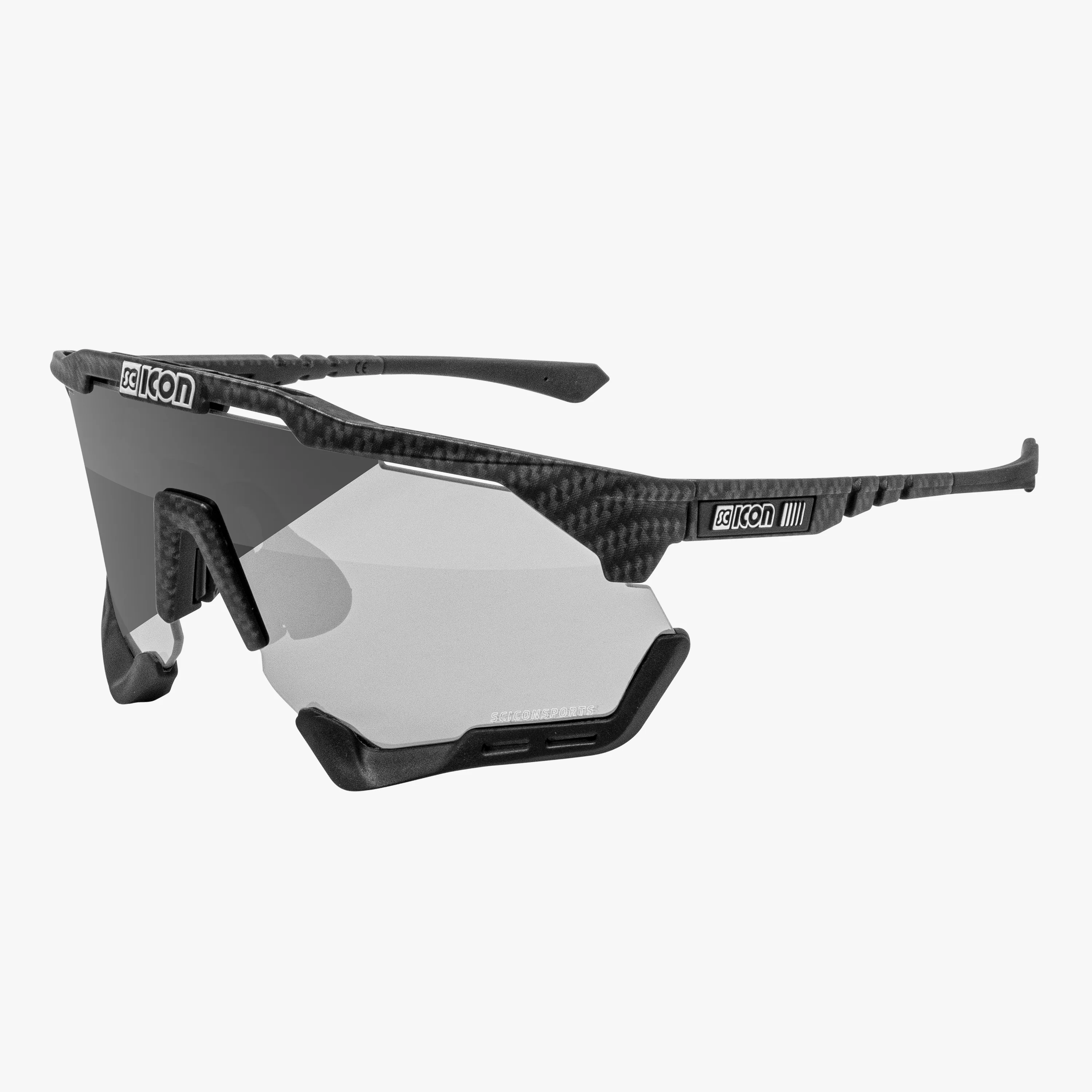 Scicon AeroShade XL high-performance sport sunglasses with matte carbon frame and red multimirror lenses.