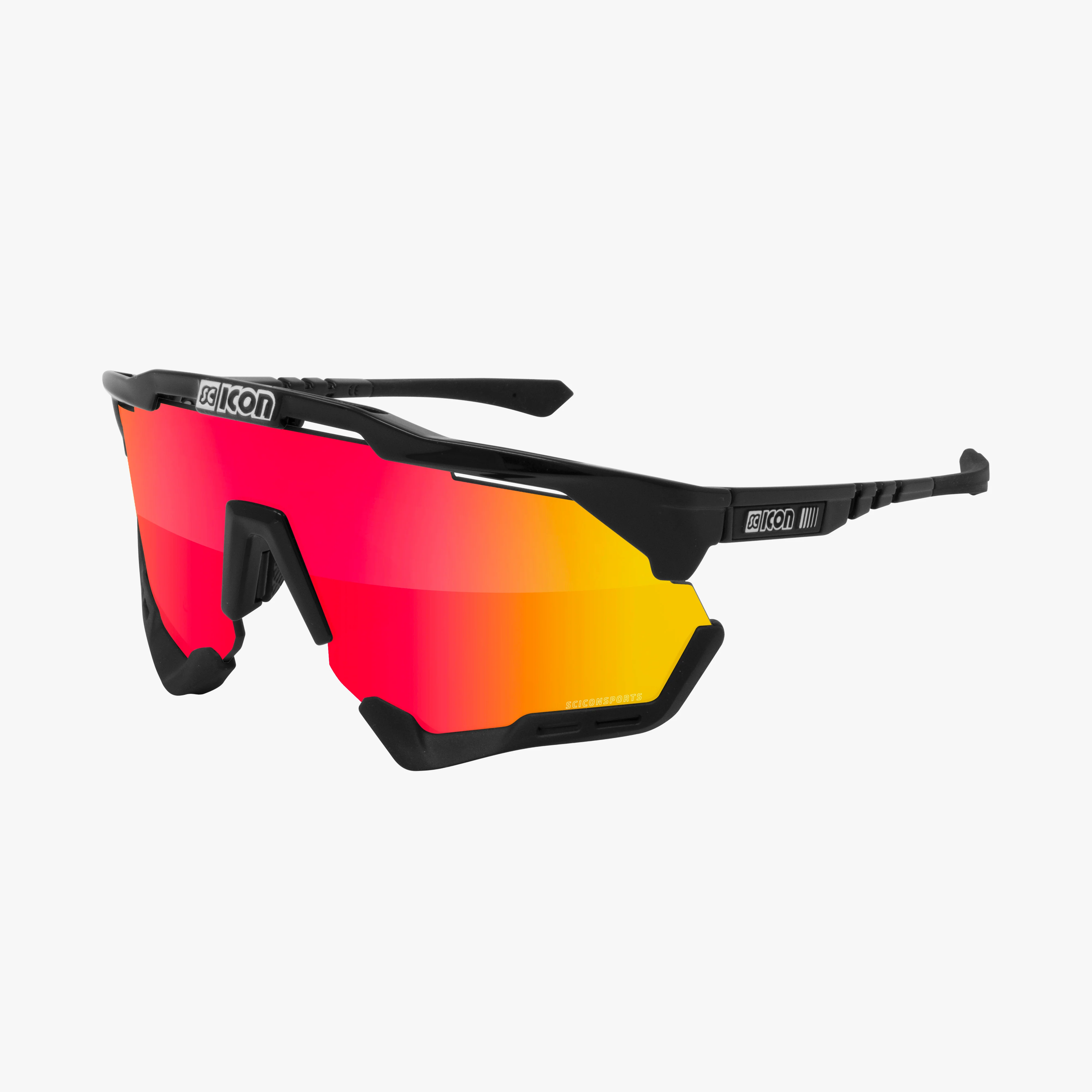 Scicon Aeroshade XL high-performance sport sunglasses with carbon matte frame and red multi-mirror lenses.