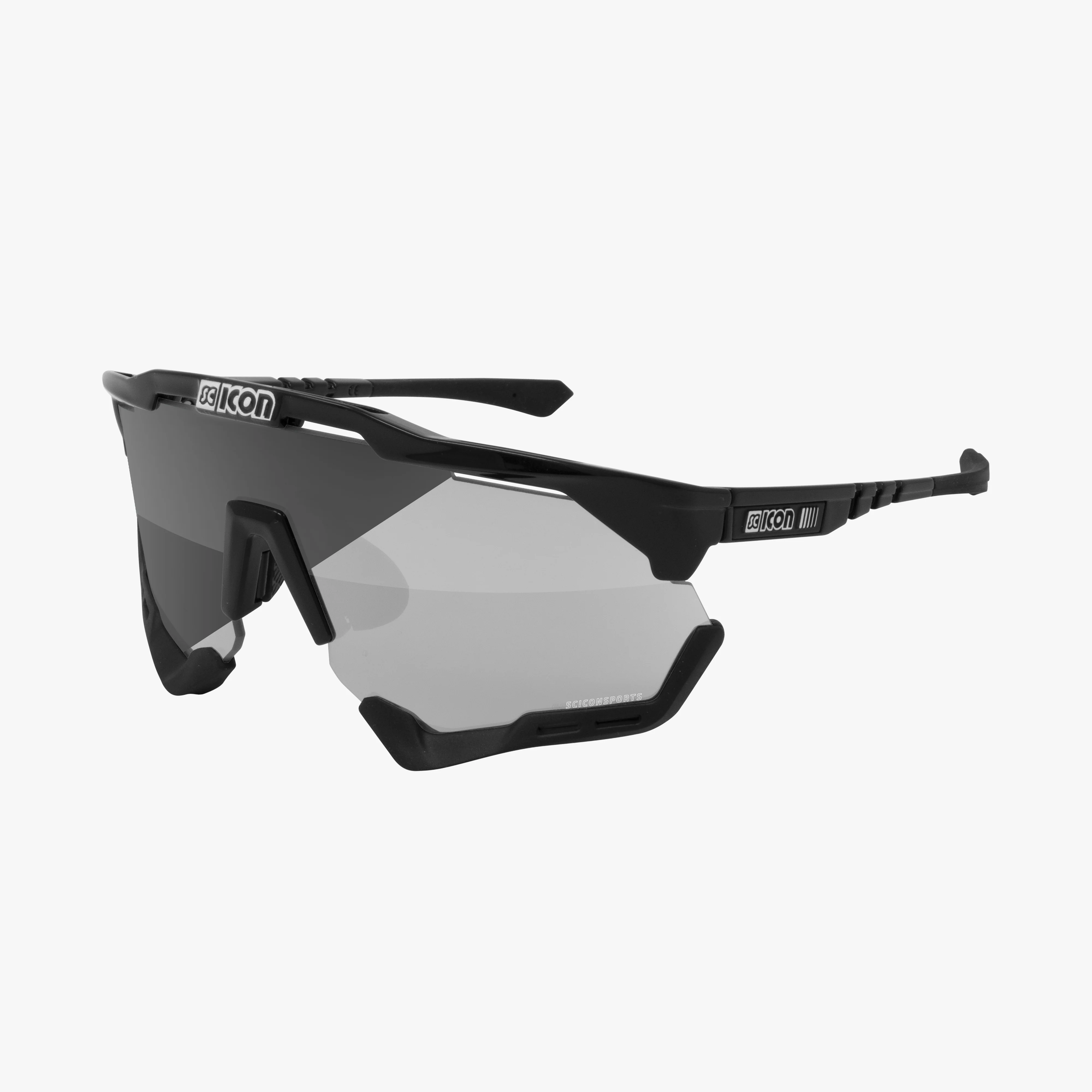 Scicon Aeroshade XL high-performance sport sunglasses with carbon matte frame and red mirror lenses.