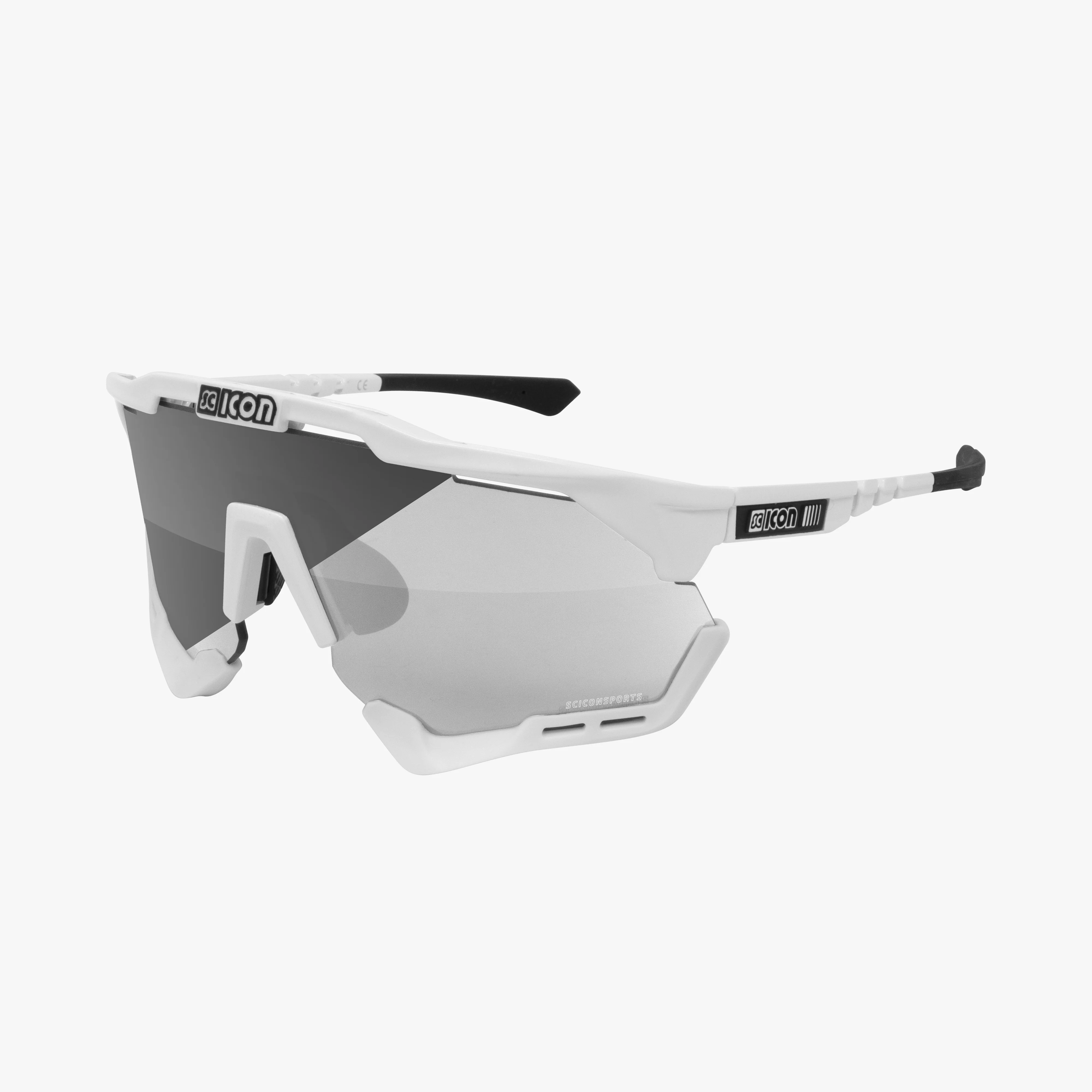 Scicon AeroShade XL high-performance sport sunglasses with matte carbon frame and red mirror lenses for active outdoor use.