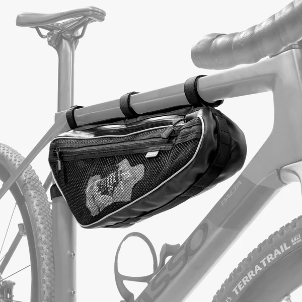 Scicon 3L bike frame bag attached to a bicycle frame, compact storage solution for cycling essentials