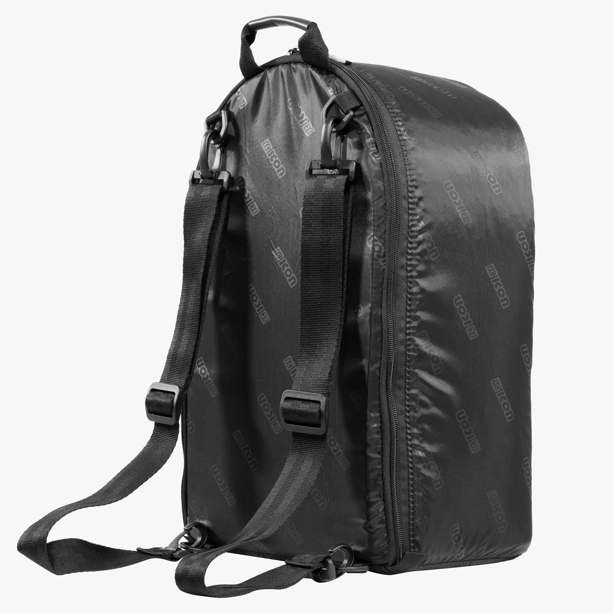 Scicon camera organizer insert fitted inside a 35L backpack, with padded compartments for camera gear and accessories.