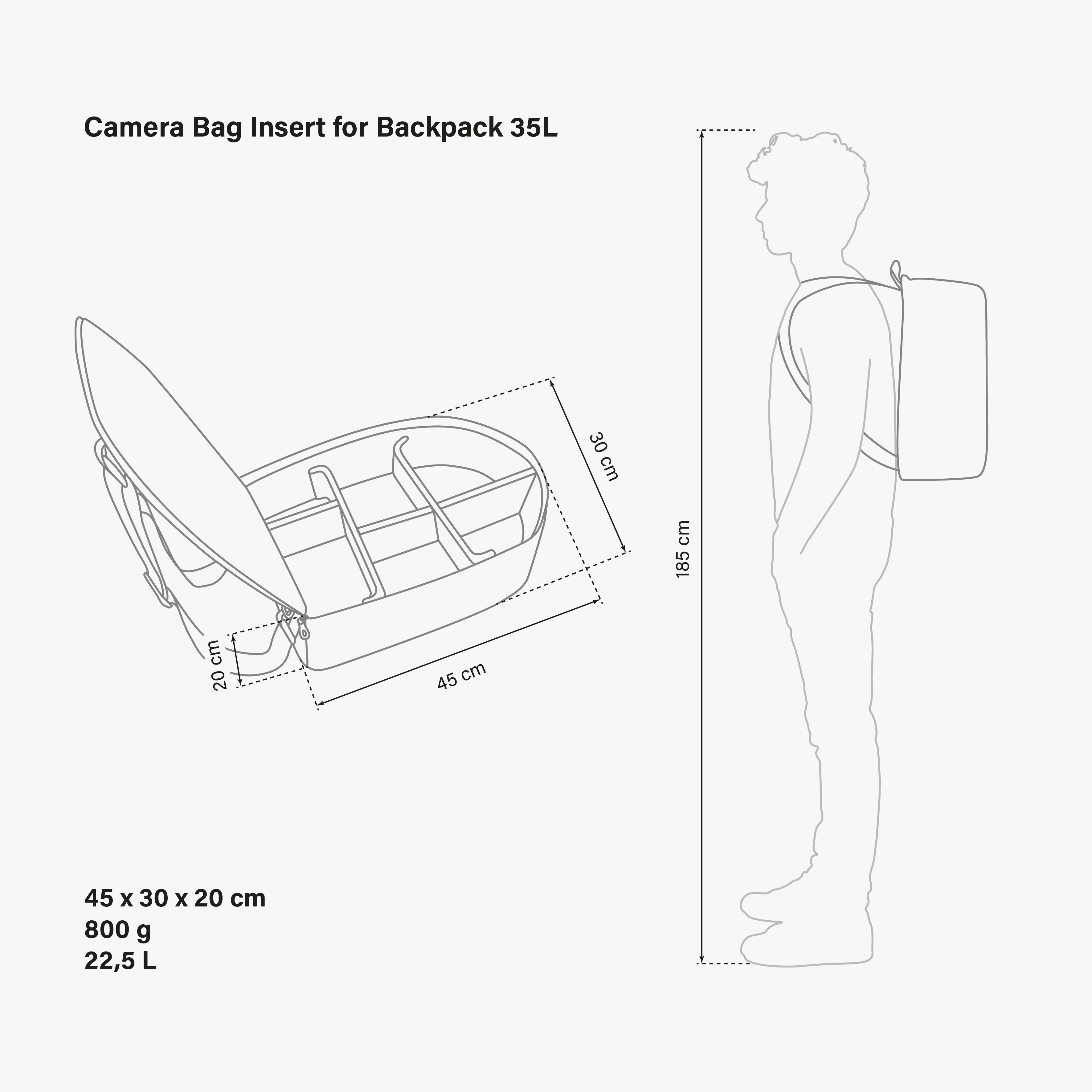 Scicon camera organizer insert inside a 35L backpack, showing padded compartments for camera gear and accessories.
