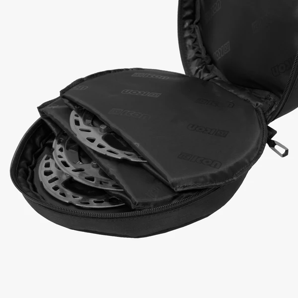 Scicon disc rotor pouch showing padded protective case with zipper closure for bike disc rotors storage and transport.