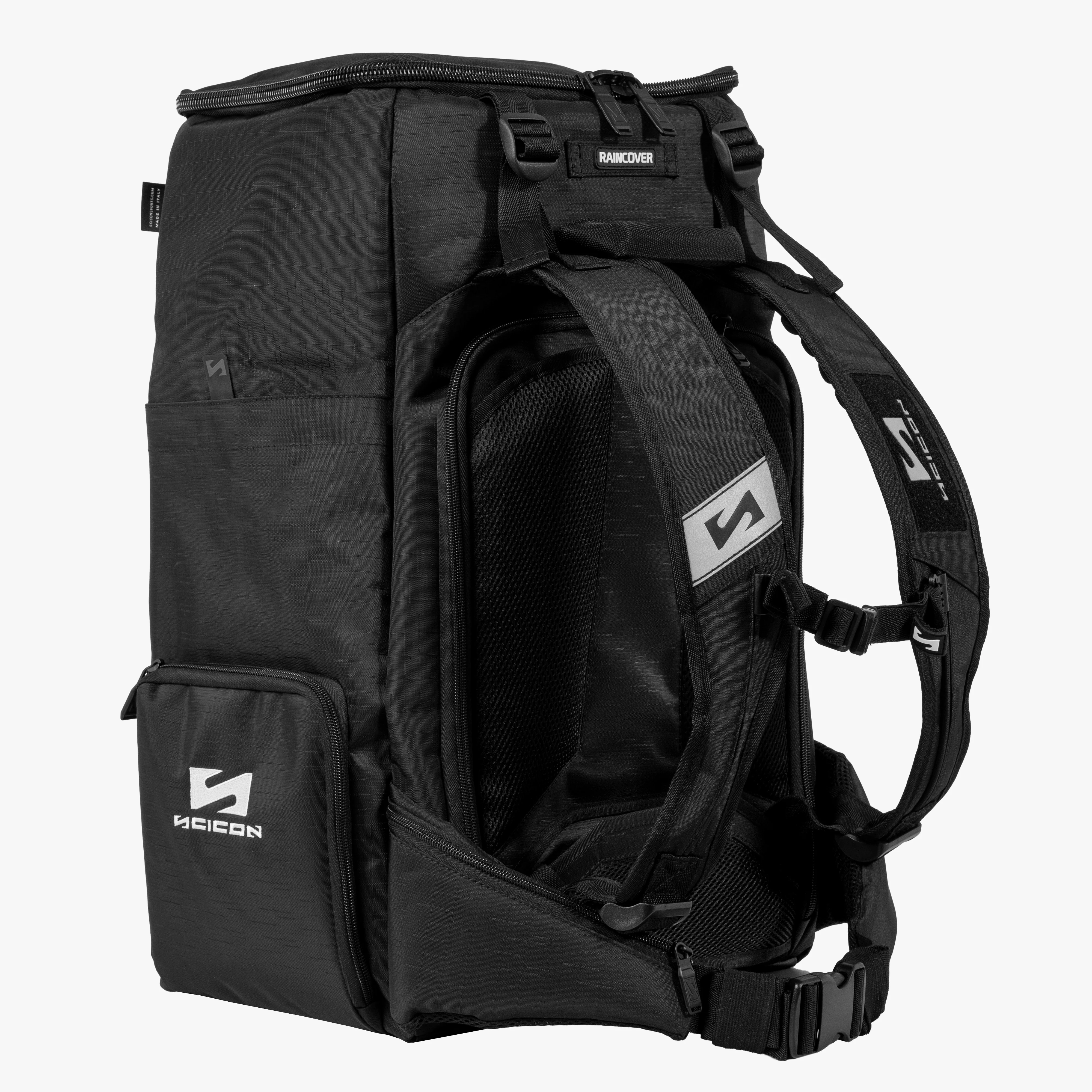 Scicon Podium Compact Sports Backpack 55L with multiple compartments and padded shoulder straps, black color.