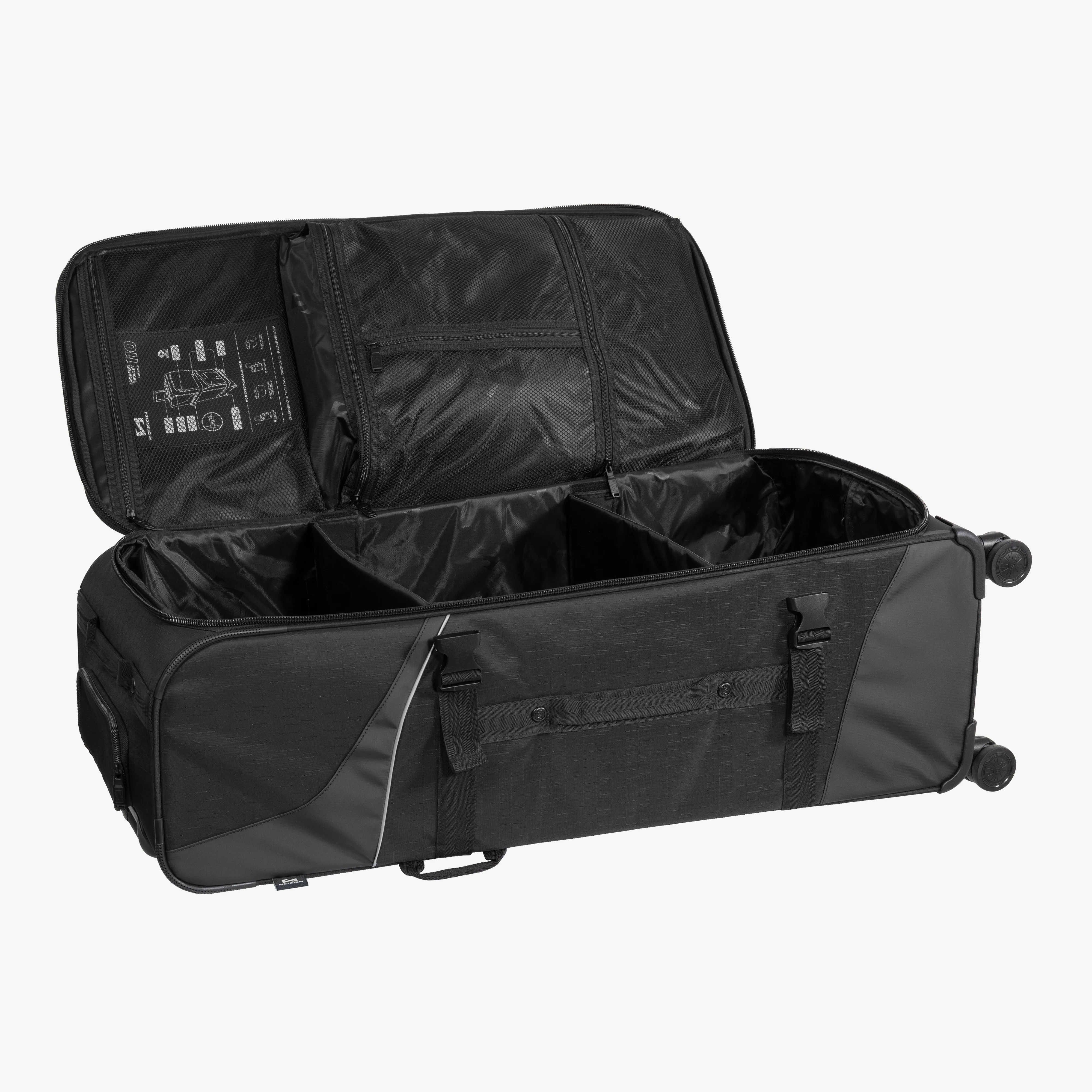 Scicon 110L 4WD Trolley Luggage in black with sturdy wheels and telescopic handle, designed for durable travel.