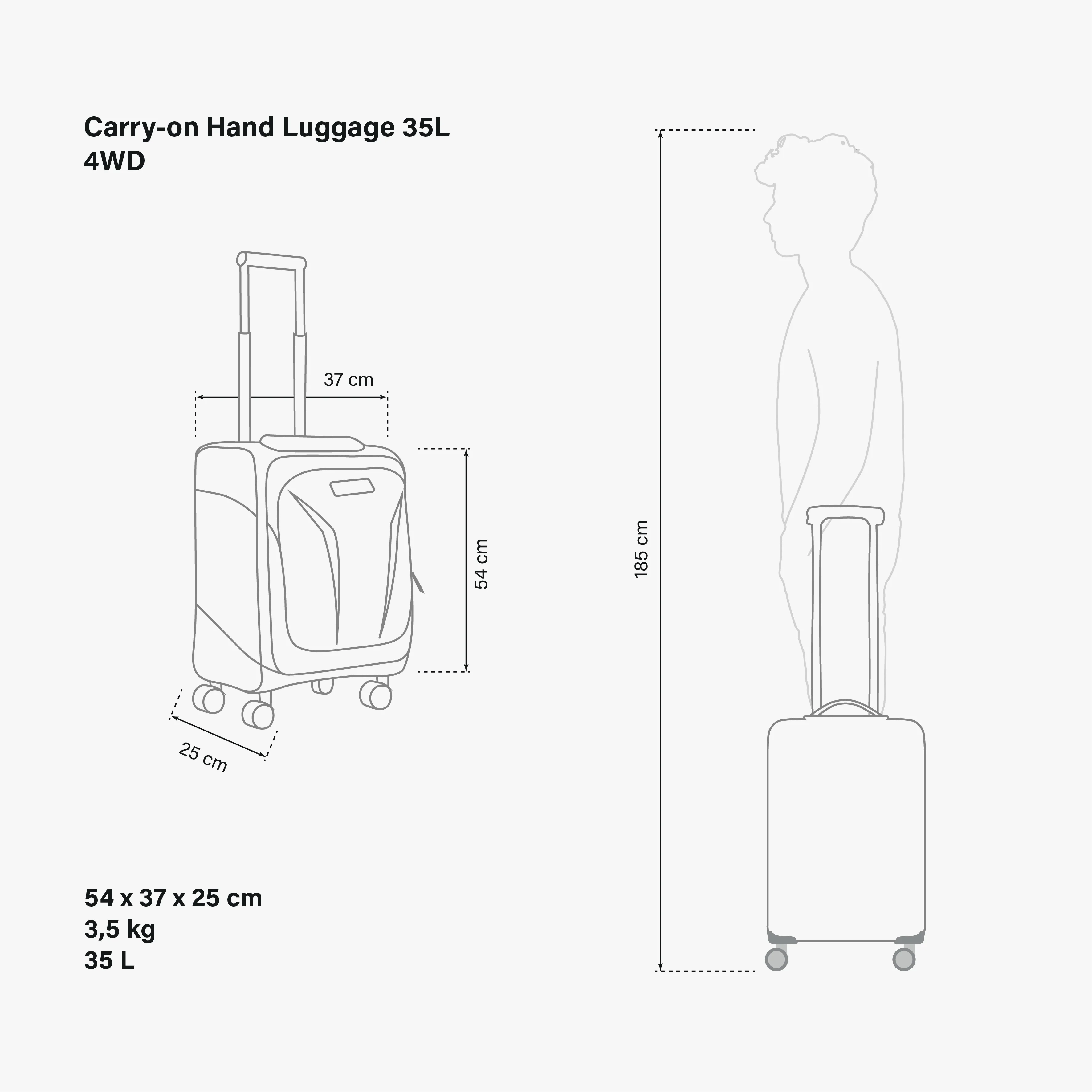 Scicon 35L 4WD Cabin Luggage with sturdy wheels and expandable design for travel.