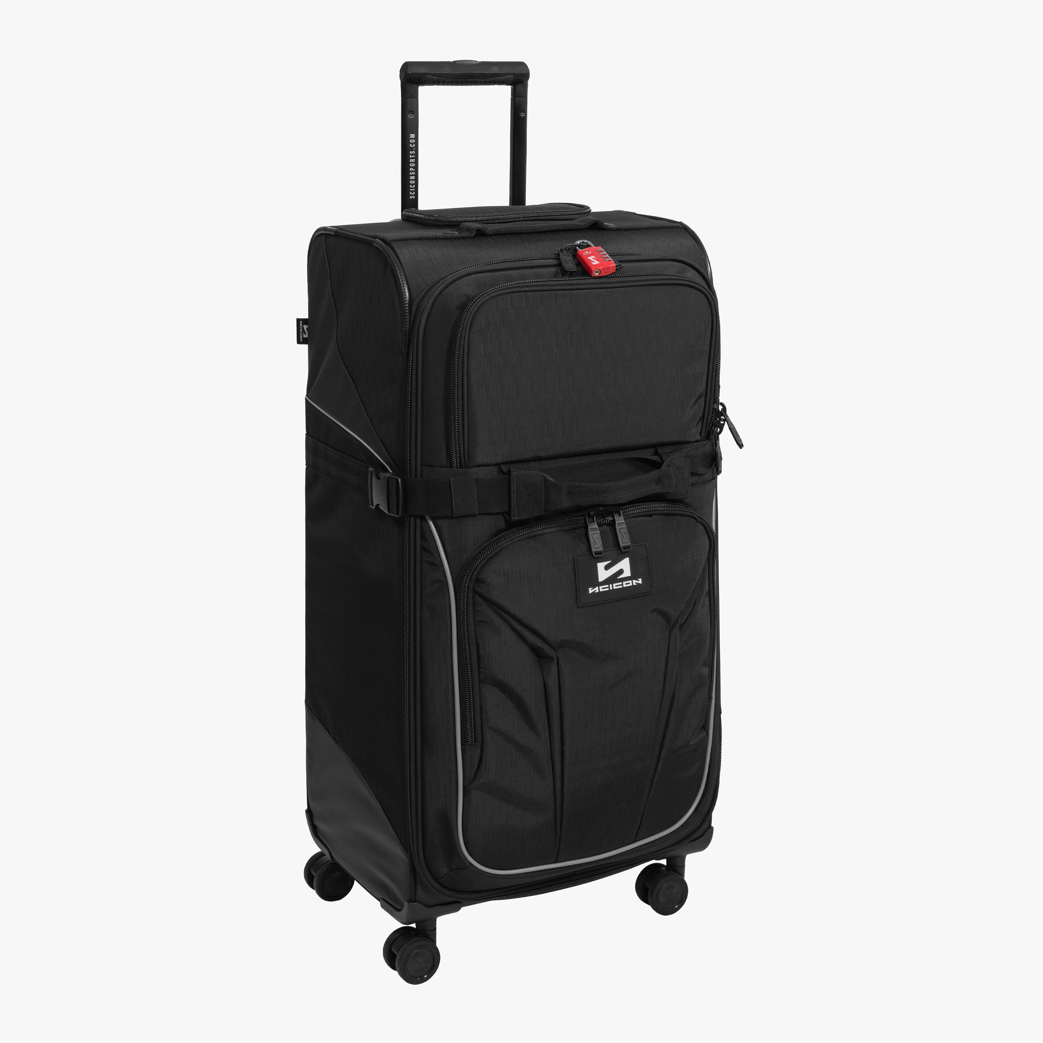Scicon 80L 4WD Trolley Luggage with durable black hard shell and extendable handle, designed for travel and easy maneuvering.