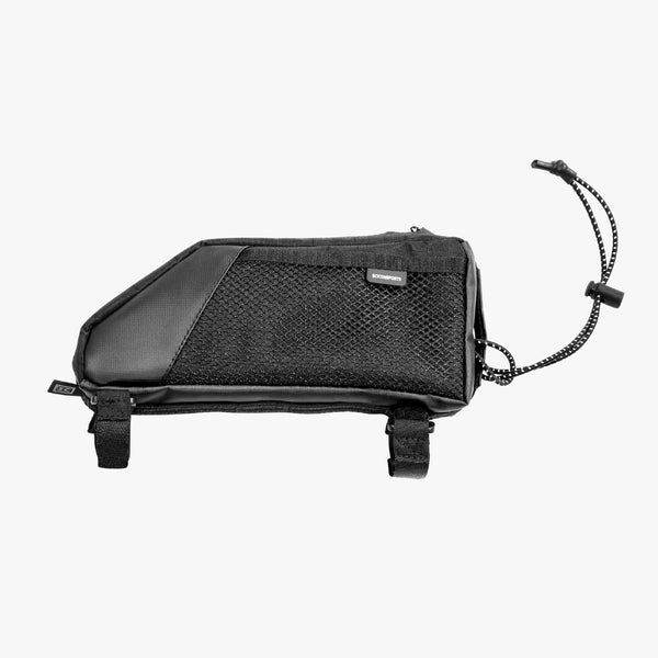 Scicon 1L top tube bag attached to a bicycle frame, compact storage for bike essentials.