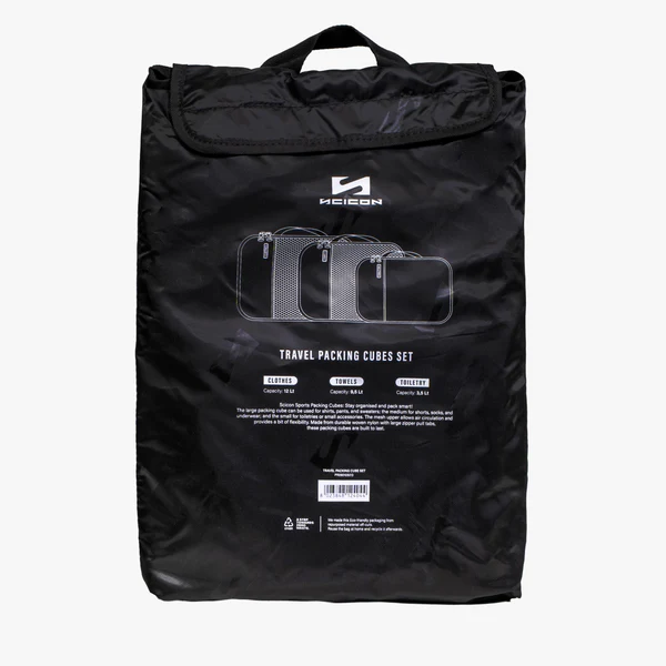 Set of three Scicon travel packing cubes in various sizes for organized luggage storage and compact packing.