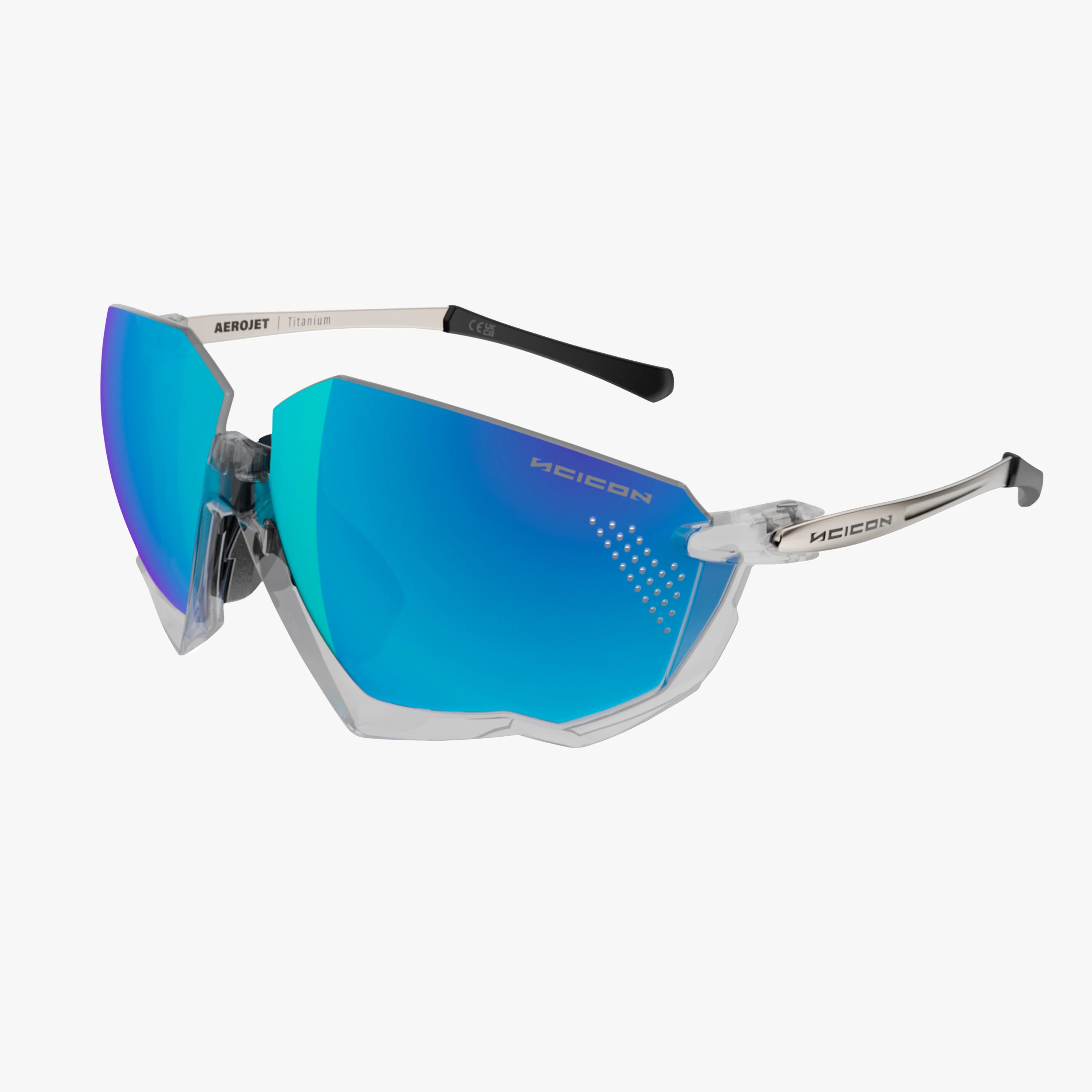 Scicon Aerojet Titanium Eyewear with yellow fluorescent frame and blue multi-mirror lenses, lightweight aerospace titanium construction.